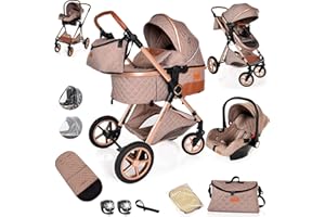 LIBREBON Baby Pram Pushchair Baby Buggy Stroller 3 in 1 Child Lightweight Folding Stroller 3 in 1 Travel System for Newborns & Toddlers 0-36 Months from Birth (Beige)