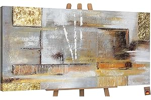 YS-Art Abstrakt Acryl Gemälde auf Leinwand goldene Abstraktion handgemalt Wandbilder Wohnzimmer modern Jugendstil Wohndekor Bilder Büro echte Kunst 100x50 cm