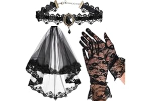 UNVOJL Gothic Bride Veil with Black Lace Glove Ladies Rose Necklace Bridal Wedding Veil 2 Tier Lace Mesh Veil with Comb for Halloween Day of the Dead Decoration