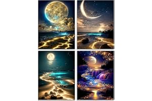 Muzagroo Art Mond-Diamant-Malerei-Set für Erwachsene, 5D-Diamant-Kunst-Sets für Anfänger, DIY-Diamantkunst und Handwerk für Wohnzimmer, Diamant-Punkte-Kits Kinderzimmer, 4 Stück Wandkunst