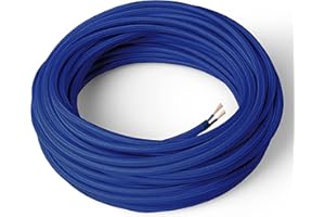 Amarcords - Câble électrique textile couleur BLEU, rond, soie, 30 mètres, à 2 brins 2x0,75 - Fil vintage en tissu coloré, pour lampes, lustres, appliques et abat-jours.