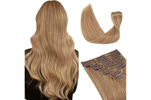 TESS 40 cm Extensiones de Clip de Pelo Natural #27 Rubio Oscuro 8pcs 18 clips 65g Extensiones de Pelo Natural con Clip Cabello Reutilizable Invisible Suave