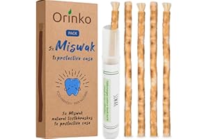 Siwak Naturale con Supporto Protettivo - Miswak Radice di Arak per Denti e Igiene Orale - Spazzolino Ecologico in Radice di Miswak - Set di 5 Stick Naturali con 1 Supporto Protettivo - ORINKO