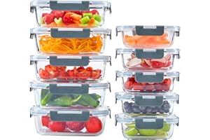 Neo 10 Containers & 10 Lids Glass Food Storage Containers Set with Snap Locking Lids Meal Prep Airtight Lunch Box Microwave Oven Freezer and Dishwasher Friendly (10 Piece)