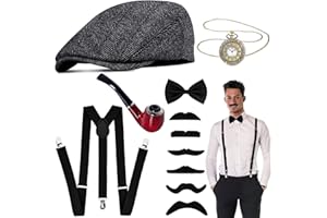 Goenb Accessori anni '20, Costume Mafia Carnevale Uomo Bretelle Cappello Uomo Orologio da tasca Vintage Uomo Costume Set Decorazione per Carnevale Halloween