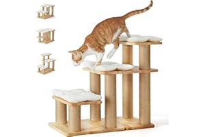 FUKUMARU Scala per Cani e Gatti Anziani,6 Combinazioni,Gradini Imbottiti in Legno Massello,Colonne in Juta Rinforzata per Tiragraffi,Altezza Max 51cm, Portata 90KG,Aiuto Salita Sicura per Letti/Divani