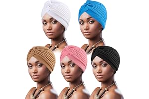 DRESHOW 5 Pezzi Donna Africana Turbante Sciarpa Avvolge Testa Boho Turbante Elastico Annodato Berretto Pre-annodato Berretto Chemio Cappello