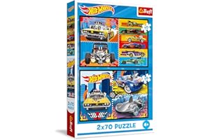 Trefl - Puzzle 2w1: Hot Wheels, Samochodziki - 2 x 70 Elementów, Zestaw Dwóch Układanek dla Dzieci od 4 lat