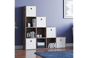 Vida Designs Durham Staircase Bookcase Shelves Storage Organiser Living Room Furniture (10 Cube & 5 White Baskets, Dark Wood)