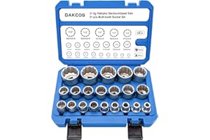 DAKCOS 1/2" Juego de 21 Llaves de Vaso Multidiente Vasos 12 caras, 8-36mm, CR-V con Superficie Cromado Mate