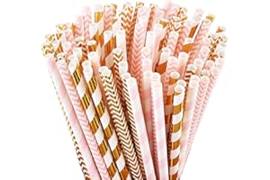 ALINK Biologisch abbaubare Papierstrohhalme, 100 rosa Strohhalme/Goldstrohhalme für Partybedarf, Geburtstags-, Hochzeits-, Braut- / Babypartydekorationen und Feiertagsfeiern