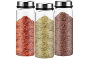 ZOFUN 3 tarros de especias con tapa giratoria de 300 ml de cristal, 16,5 x 6 cm, herméticos, con 4 tipos, tarros de especias con tapa giratoria para cocina, comedor, barbacoa al aire libre