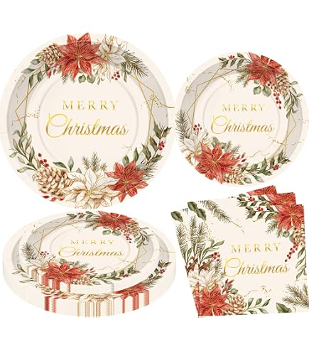 Set Stoviglie Di Natale Per 24 Persone - 96 Pezzi Con Piatti, Bicchieri, Tovaglioli, Motivi Natalizi, Per Feste E Cenone