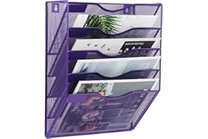 EASEPRES 5 Tier Purple Hanging Wall Pocket File Holder Organiser Mesh Wall Mounted A4 Paper Magazine Letter Storage Rack for Office and Home