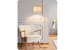 EDISHINE Lampada da Terra, Paralume ad Angolo Orientabile in Lino, Lampadina Inclusa, Base E27, Interruttore a Pedale, Lampada da Pavimento per Camera da Letto, Soggiorno, Ufficio, Oro