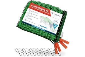 TRIBURG® Filet de remorque 2,5x4,5m (renforcé) avec 12 Crochets d'extension – Filet de remorque avec marquages d'angle et Renfort de Bord avec 12 tendeurs en Caoutchouc avec Crochet