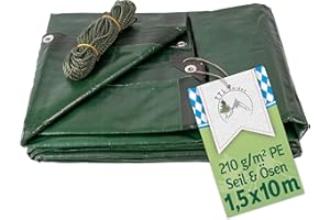 ‎TTL COMMERCE TTL Garden Premium Abdeckplane 1,5x10m 210g/m² grün + 25m Seil - reißfest wasserdicht mit Ösen PE Gewebeplane verstärkte Ecken & Kanten wetterfest UV-beständig Schutzplane Holz Abdeck Plane Tarp