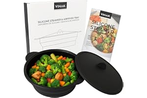 VINAK – Vaporera de silicona para microondas y airfryer | Estuche de vapor plegable de 1200 ml con bandeja interior reversible | Cocina al vapor o en freidora de aire de forma rápida y saludable