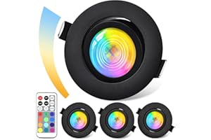 GeyouLux Spot LED Encastrable Dimmable RGB, IP44 Aluminium Spot LED 230V 68mm, 5W 3CCT, Orientables 38°+ 45 spots de Plafond Noirs avec Télécommande IR pour Salle de Bain, 4 Pièces