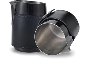 Jarra de leche KNODOS Jarra de vapor para café con leche sin asas (negra, 400 ml, 14 oz) con funda de cuero Jarra para espumar leche de acero inoxidable
