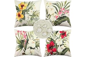 ETOLISHOP Juego de 4 Fundas de Cojín con Hojas de Verde Claro Exterior Impermeable Lino Patrón de Flores Tropical Decoración Cuadrado Fundas de Almohada del Sofá Cubierta Estar Sala de Estudio Jardín 45x45cm