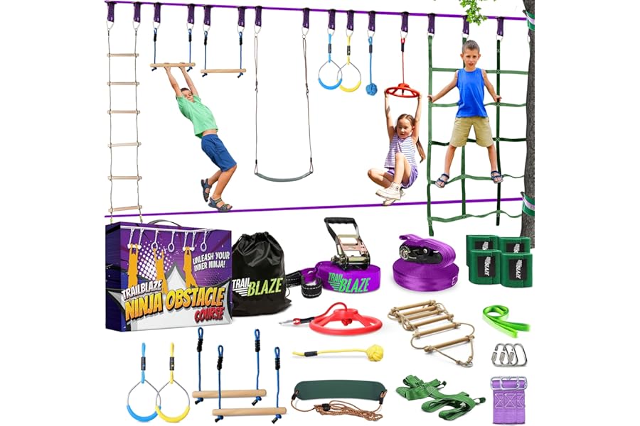 Ninja Warrior Obstacle Course for Kids Workout Equipment - 2 x 55ft Slacklines with 10 Weatherproof & Durable Obstacles - Cargo Net, Monkey Bars, Rope Ladder & More - Ninja Course for Kids Outside