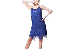 Freebily Robe Danse Tango Latine Femme Robe Année 1920 Franges Flapper Élégant Costume Charleston Robes Soirée Bal Fête V Cou Paillette