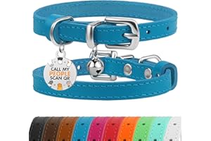 BRONZEDOG Katzenhalsband aus Leder mit Glöckchen, Nicht abreißbar, QR-Tag für Mädchen und Jungen (Blau und Silber, 18-23 cm)