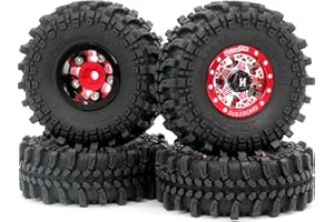 hobbysoul RC 61mm Tall 1.0 Wheels and Tires, Soft Sticky 1.0 Mud Tires & Heavy 1.0 Beadlock Wheels Red Rims for RC Crawler 1/24 SCX24 FCX24 1/18 TRX4M Upgrade