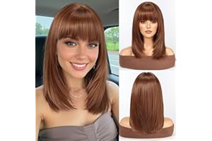 WOKESTAR Staright Wig with Fringe Synthetic Mid-length Layered Wigs for Women Auburn Color
