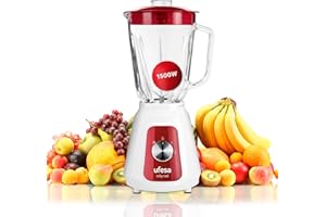 Ufesa BS4717 Ruby Red Batidora de Vaso, 1500W Potencia Max, Jarra de Cristal de 1.5L, 2 Velocidades + Pulse, Cierre Hermético, Pica hielo, 4 Cuchillas de Acero Inoxidable, Libre de BPA, Blanco/Rojo
