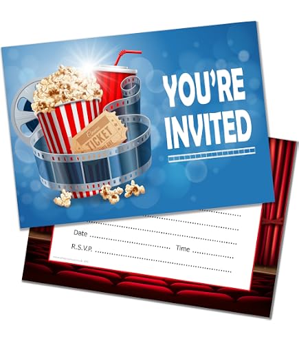 12 Biglietti D'Invito Cinema Per Compleanno Bambini – Tema Popcorn, 17,5x9,5 Cm, Facili Da Compilare