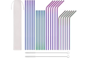 YHMALL Cannucce in Acciaio Inox, Cannuccia Riutilizzabili in Acciaio Inossidabile Diametro 6 mm, 24 Pezzi Cannucce in Metallo Colorate, Cannucce Dritte Curve con 2 Spazzola per la Pulizia e 1 Borsa