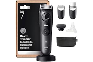 Braun Beard Trimmer Series 7, +7 Barbering Tools, Mens Beard Trimmer with Lifetime Sharp ProBlade, Up to 120 Min Runtime, 40 Lengths, Waterproof, PrecisionWheel & Lock, BT7525, Grey