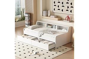 TZCIN Kinderbett 90x200 cm, Holzbett Tagesbett mit 2 Schubladen und Bücherregal, Sofabett Gästebett Schlafsofa Bett mit Lattenrost und Stauraum, Jugendbett Funktionsbett Bettgestell, ohne Matratze, Weiß