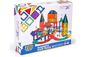 Playmags Ensemble de 200 pièces avec tuiles magnétiques, Piste de Course, Comprenant 2 Voitures de Course électriques motorisées, pour Les Enfants de 3 Ans et Plus