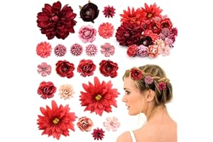 Satiskid Silk Fabric Flower Hair Clips - 21PCS Realistic 3D Rose Hairpins for Women, Multiple Elegant Designs Boho Wedding Beach Party Hair Accessories (Red series)