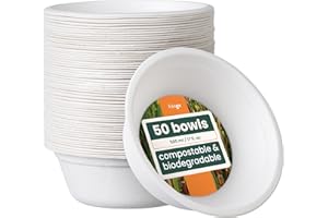 HAAGO 50 ciotole ecologiche di canna da zucchero, biodegradabili e compostabili per la casa, ciotole usa e getta per cibi caldi e freddi, dessert e zuppe per feste, 500 ml