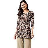 Amazon Brand - Tavasya Women Floral Printed Short Kurti | Round Neck with Slit Stylish Kurta | 3/4th Sleeve Modern Top | Regu