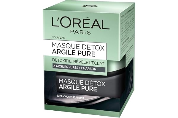 L'Oréal Paris - Masque Argile Visage Détoxifiant - Anti-Impuretés - Purifiant & Révélateur d'Éclat - Aux 3 Argiles Pures et au Charbon - Résultats Visibles - Tous Types de Peaux - 50 ml