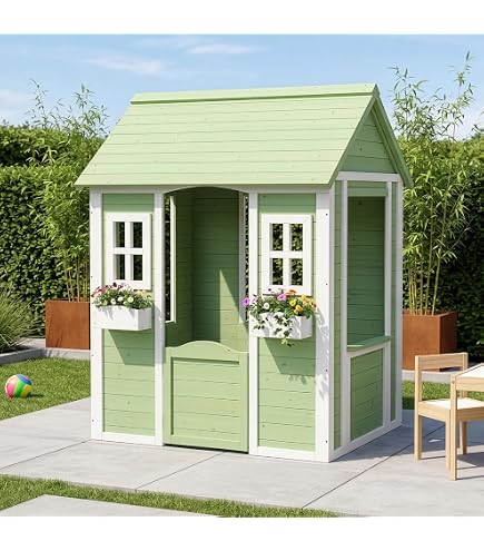 AIYAPLAY Cabane Enfant Bois 125,5×119×126 Cm – 3 Bacs à Fleurs – Intérieur/Extérieur 3-6 Ans
