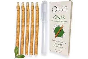 OBAÏA Lot de 5 Bâtons de Siwak + 1 étui de protection, Brosse à dents 100% naturelle en bois d'Araq. Bâton de Miswak pour Blanchiment dentaire, nettoyant, désinfectant. Meswak Biodégradable et Végan.