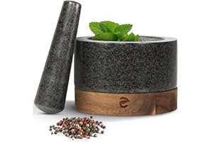 ECENCE 1x Mortier et pilon en bois et granit Ensemble solide de pilon et mortier cuisine à épices pour un broyage parfait Grand mortier et pilon en pierre granit et bois d'acacia Ø15,5cm