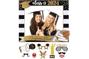 POPGIFTU 2024 Large Size Graduation Selfie Photo Frame Kit, Black and Gold Glitter, Graduation Photo Booth Props, Class of 2024 for Graduation Party Favors Supplies Decorations, 9 PC