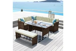 ECASA Vegas corner dining table set in rattan for garden patio conservatory and outdoor use. Garden dining set with bench, table and corner sofa. (Brown)