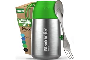Blockhütte Fiambrera Termica 1 Litros de acero inox - Con Cepillo y Cuchara - Termo para Comida Caliente até 14 h - Fiambrera Termica para adultos y niños - Recipientes Termicos - verde claro