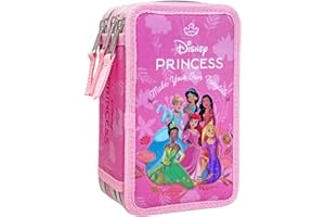 Clondo Potrójnie wypełniony piórnik dla dzieci, chłopców i dziewcząt, 44 przybory szkolne, 3 zamki błyskawiczne, kredki, flamastry, nożyczki, Princess25, Piórnik