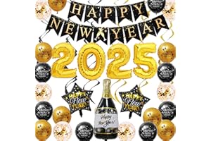 HORDUET Silvester Deko 2025 Dekoration Set Silvester Girlande Neujahrsdeko Banner Schwarz Gold Happy New Year Luftballons Folienballons für Silvester Party Deko 2025