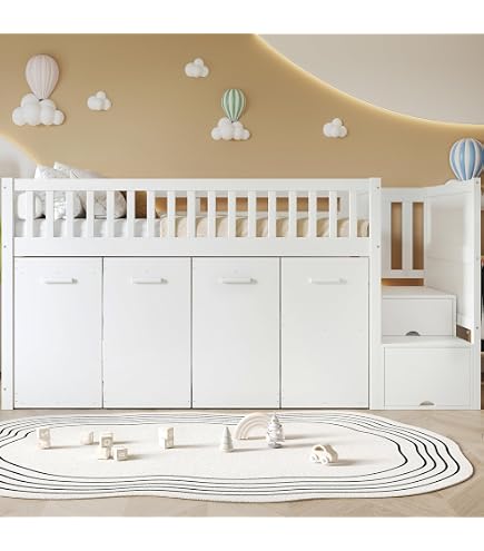 Kebnor Letto Singolo 90x200 Cm Con Letto Estraibile – Porte USB/Type-C, Ripiani 3 Lati, Salvaspazio In Legno Bianco, Senza Materasso
