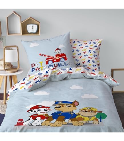 Parure De Lit Pat' Patrouille 140x200 Cm + Taie 65x65 Cm - 100% Coton Réversible - Motifs Ryder Et Les Chiots - Enfant Fan De La Série